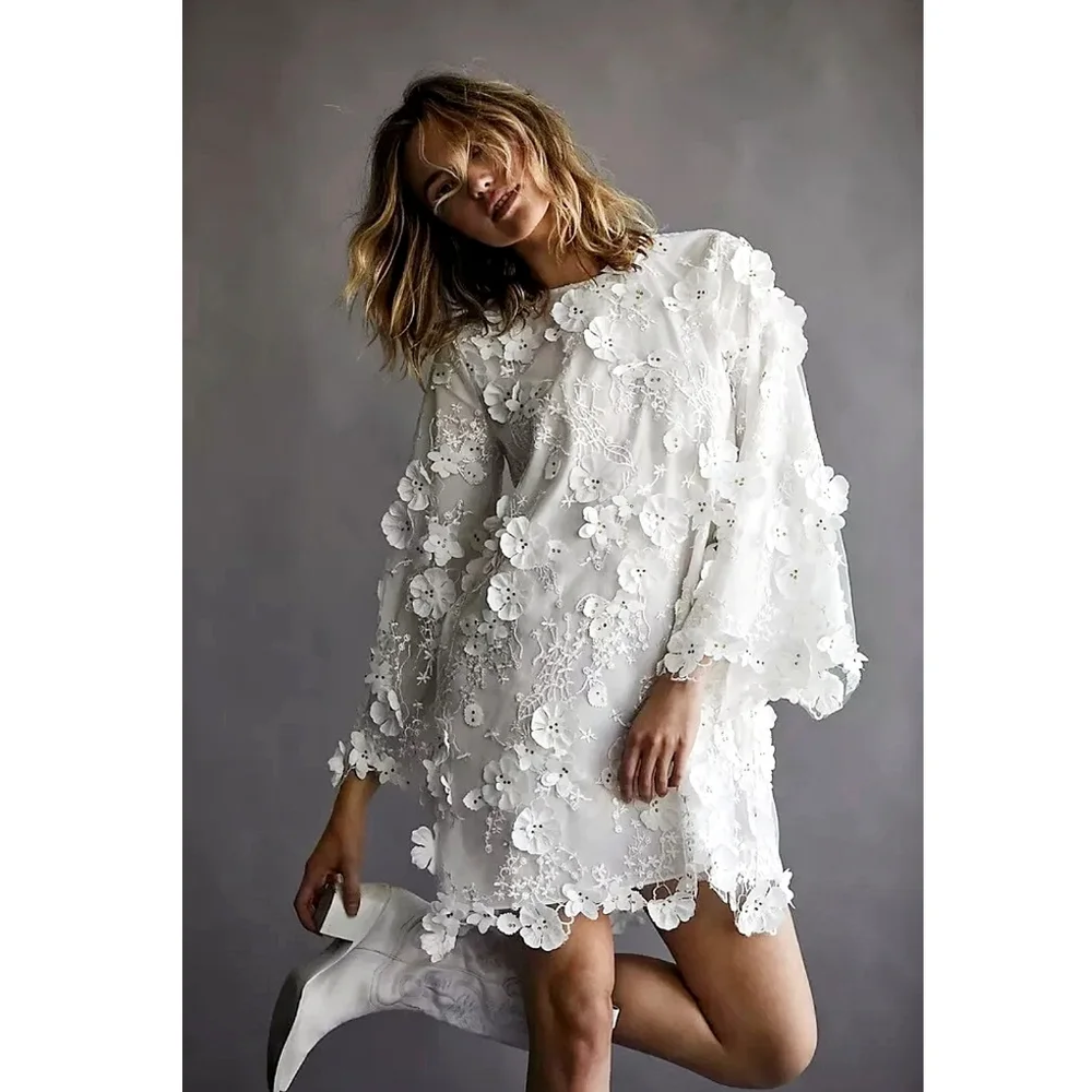 Mestiza X Free People 3D Floral Applique Flared Sleeve Mini Dress - Picture 1 of 8